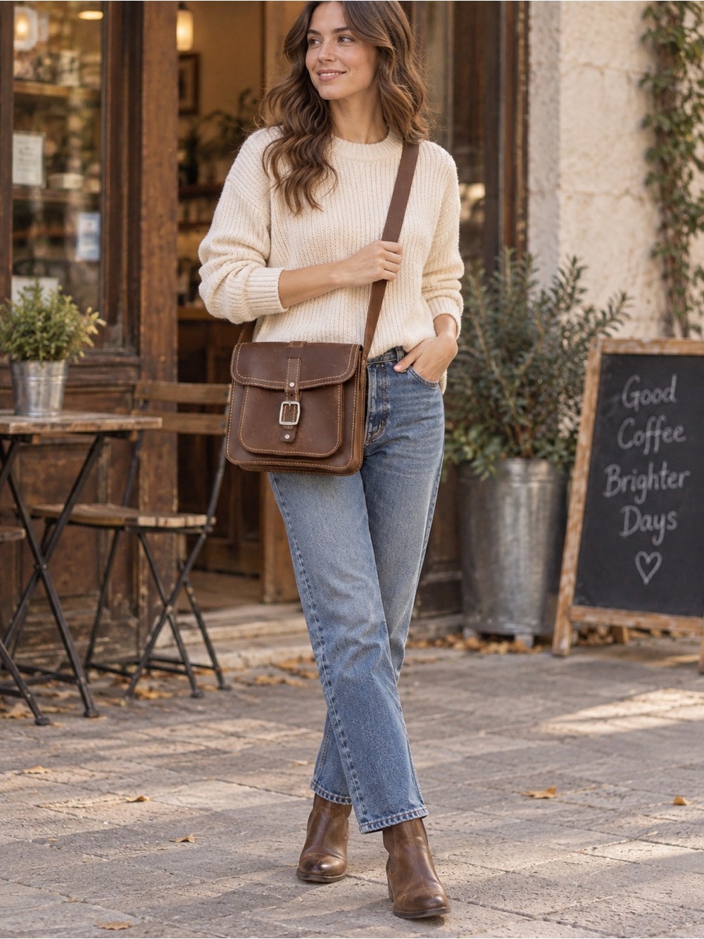 Brown Leather unisex  Crossbody Bag with Buckle